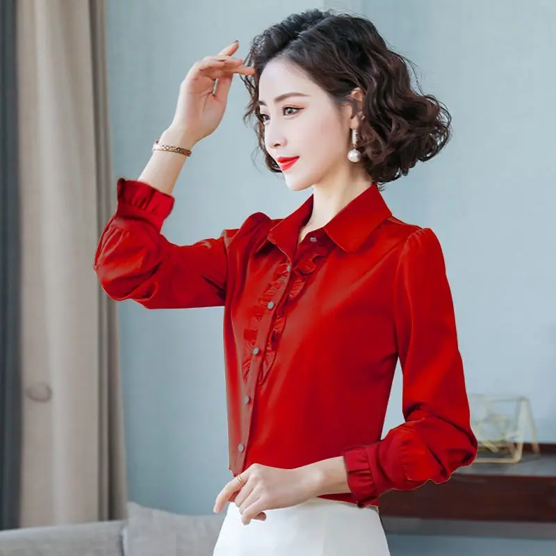 2024 Autumn New Fashion Patchwork Solid Color Turn-down Collar Long Sleeve Blouse Ladies All-match Buttons Ruffles Women\'s Shirt