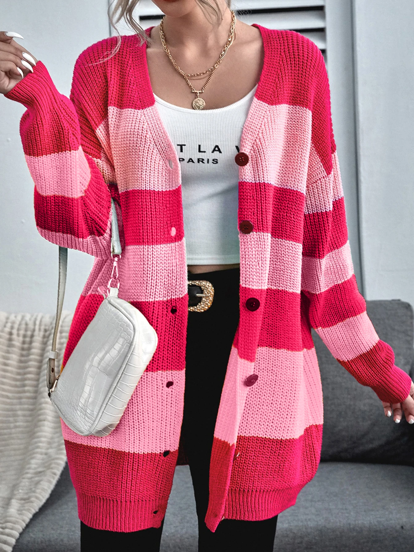 

Autumn and winter women's senior sense lazy relaxed casual color matching stripes long knitted sweater coat