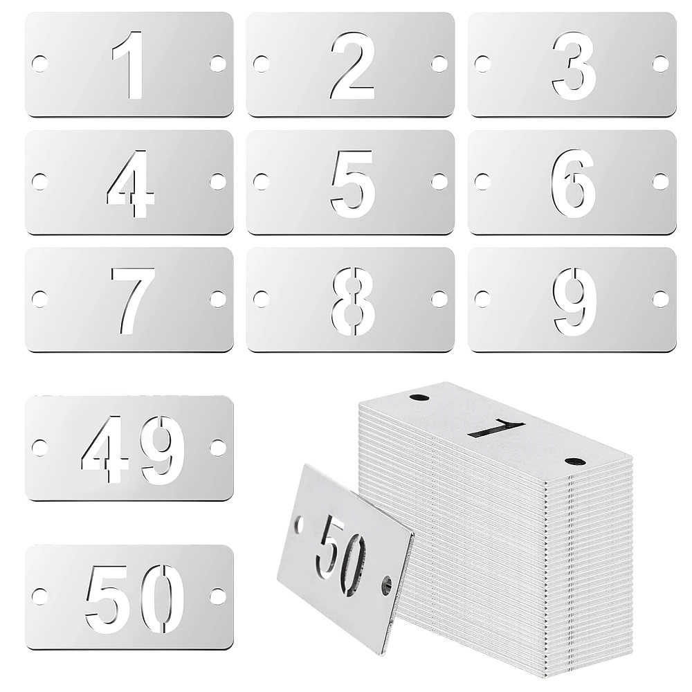 50Pcs Metal Numbered Tags 1-50 Stainless Steel Key Tags Rectangle Hollow Numbered Tags with Two Holes for Classify and Identify