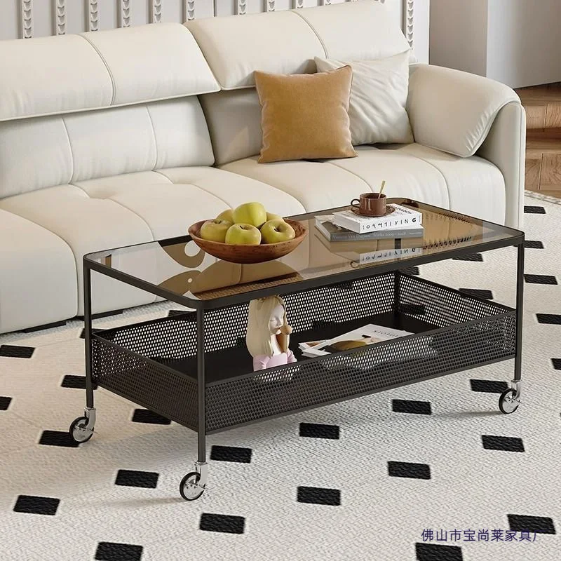 Cream wind rectangular movable glass coffee table simple modern small apartment living room light luxury
