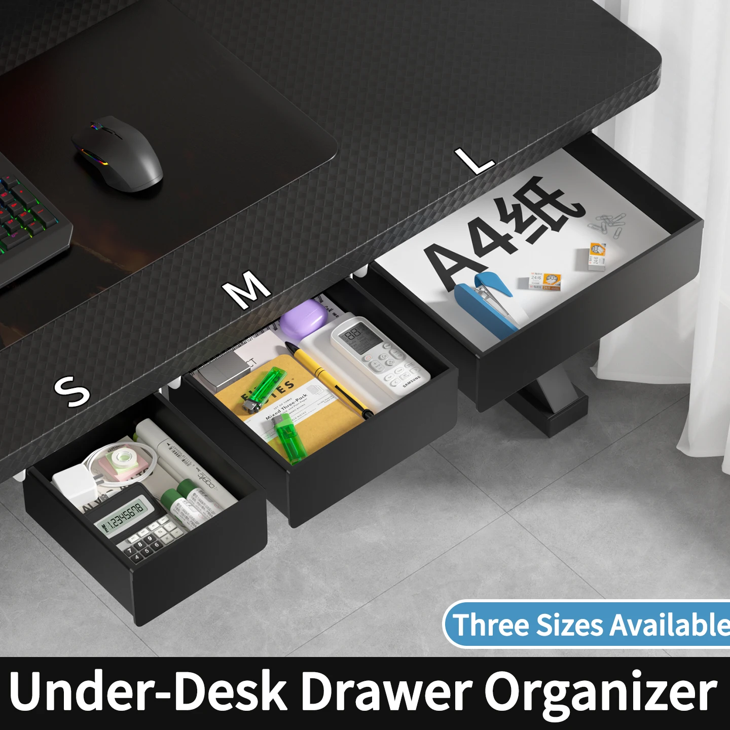 Under-Desk Drill-Free Storage Drawer: Hidden Office Under-Desk Organizer, Desktop Organization Accessories