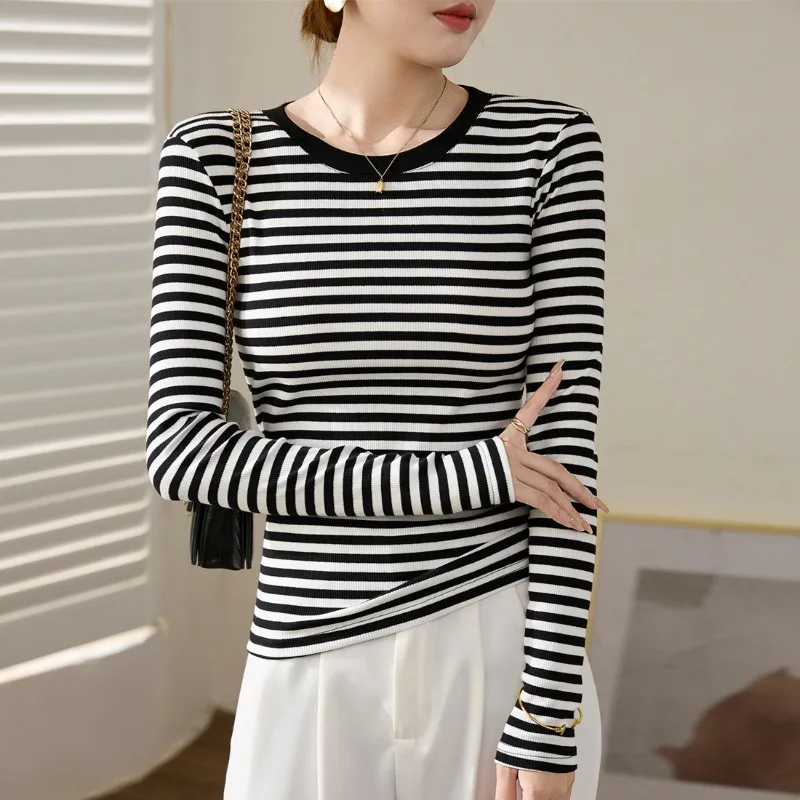 Black and white striped t-shirt women's pure cotton winter outfit new slim fit shoulder top long sleeved base shirt