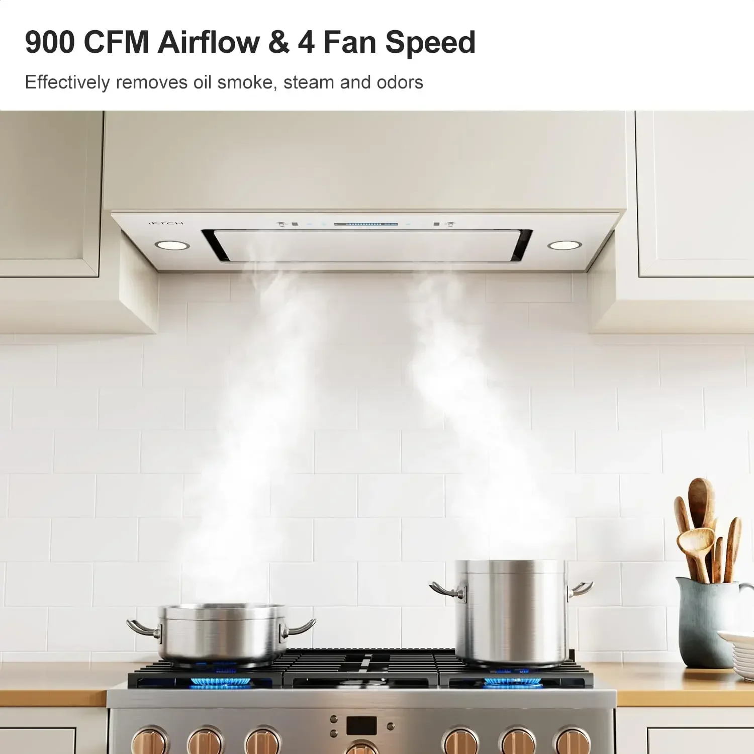 

IKTCH New 30" Range Hood Insert, 900 CFM Ducted/Ductless Range Hood with 4 Speed Fan, White Stainless Steel & Tempered Glass