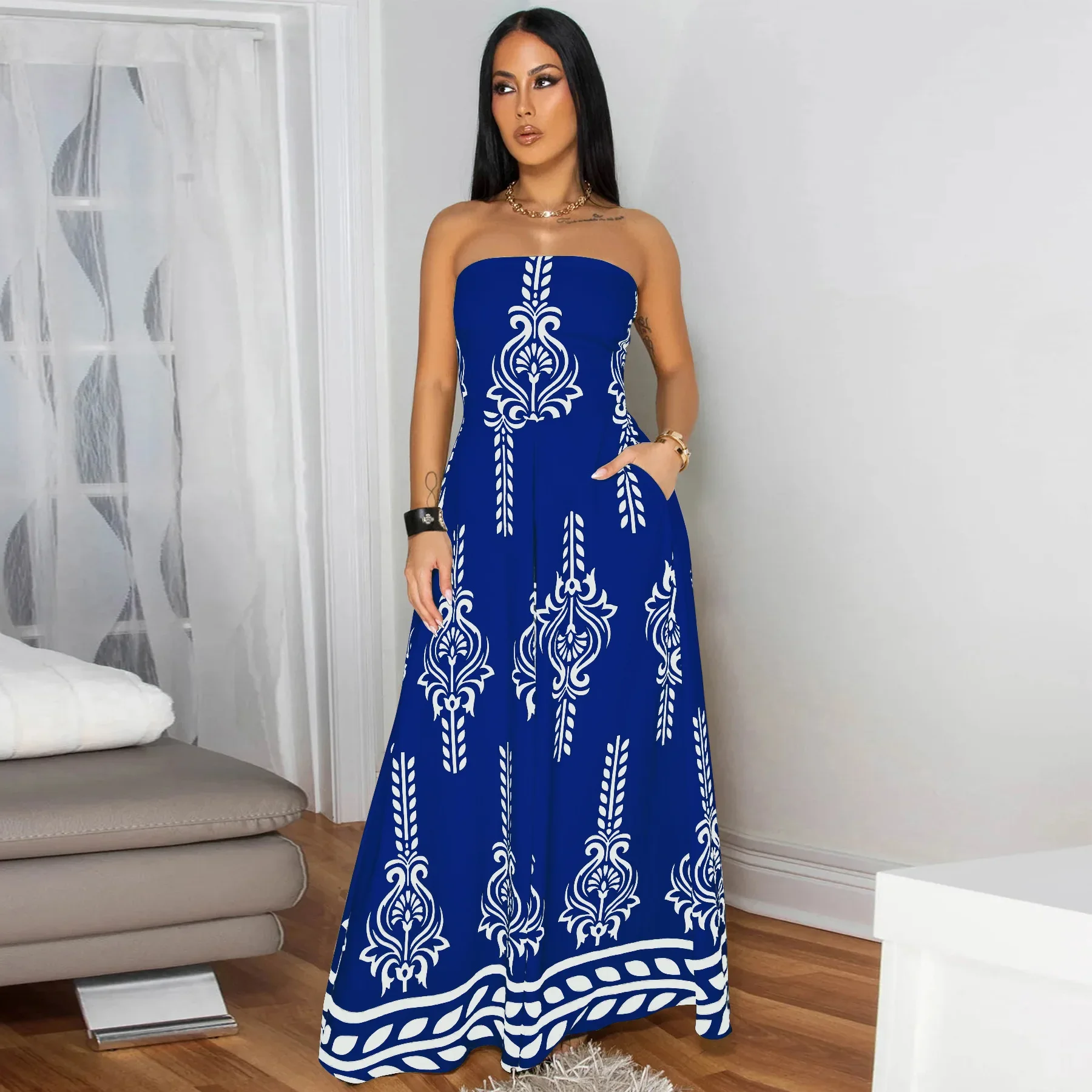 

Summer Casual Vacation Print Wide Leg Strapless Sleeveless Wide Leg Jumpsuits Criss Cross Tied Beach Club Playsuit Romper