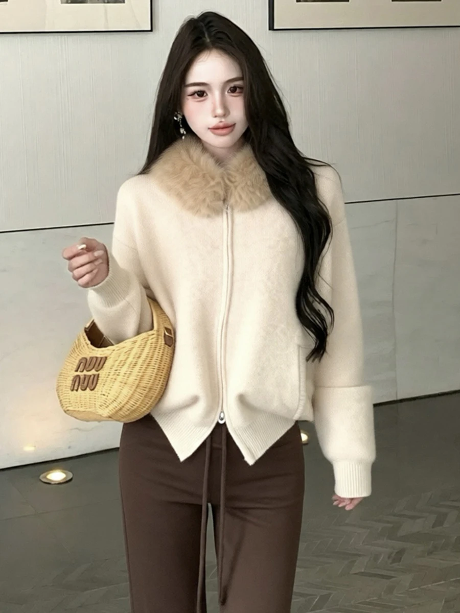 Warm Knitted Sweater Women's Loose Fit Coat with Detachable Fur Collar Sexy Soft Cozy French Style Long Sleeve Zipper Cardigan