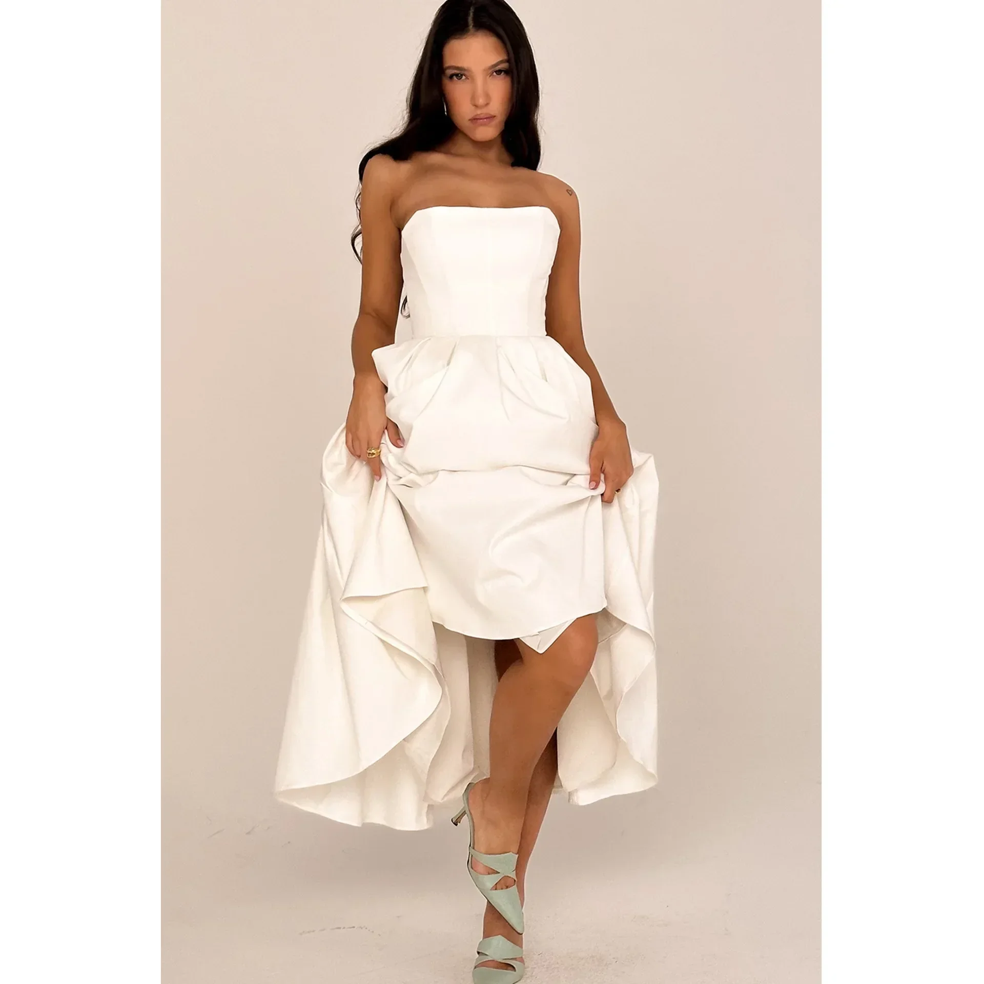 Alta qualidade sem alças fishbone maxi vestido das mulheres sólido cetim sem mangas plissado magro sereia vestidos femininos festa noite robes