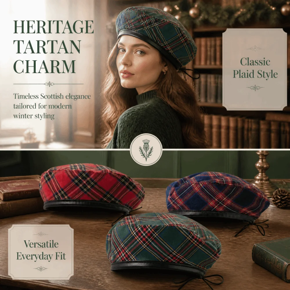 Casual British Style Tartan Plaid Beret Drawstring Y2K Newsboy Cap Retro PU Leather Trim Artist Hat Travel