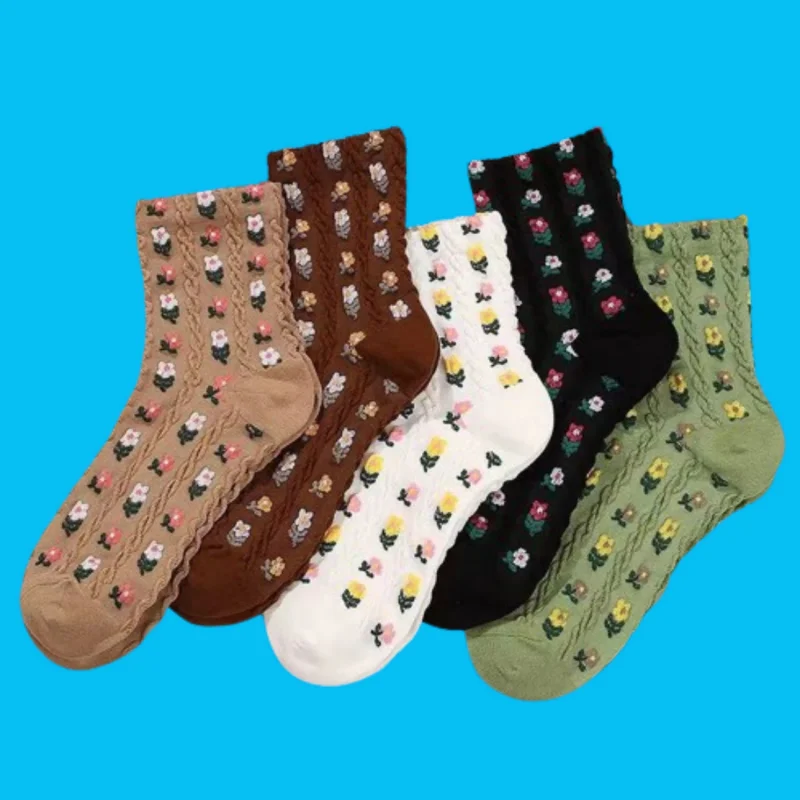 5/10 Pairs Breathable Autumn Mid-tube Women's Socks Non-slip Socks Women's New Lace Embossed 2024 Three-dimensional Flower Socks