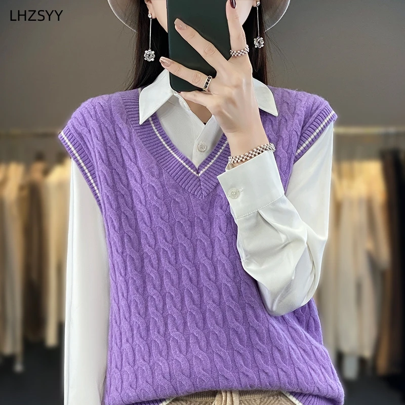 

LHZSYY Autumn Winter New 100%Pure Wool Waistcoat Women's V-Neck Loose Vest Fashion Sleeveless Sweater Vest Knit Cashmere Jacket