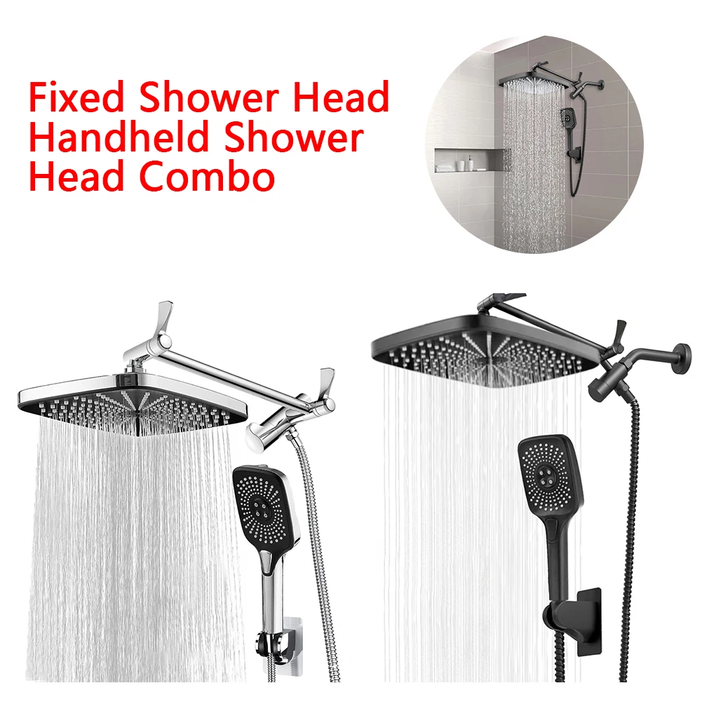 

12-дюймовая ручная душевая лейка с верхним распылителем, комбинированная с фиксированной душевой лейкой/ручной душевой лейкой, регулируемая по высоте/углу, для встраиваемой душевой системы