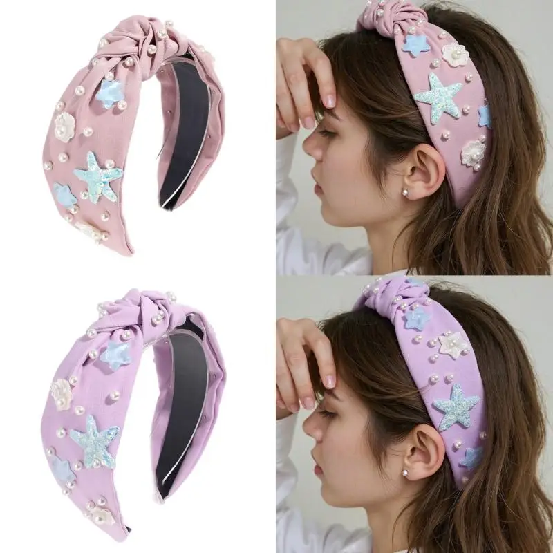 31BB Shell Faux Pearls Knot Hairband For Women Girls Braided Headbands Wide Hair Band Beach Holiday Hair Accessories