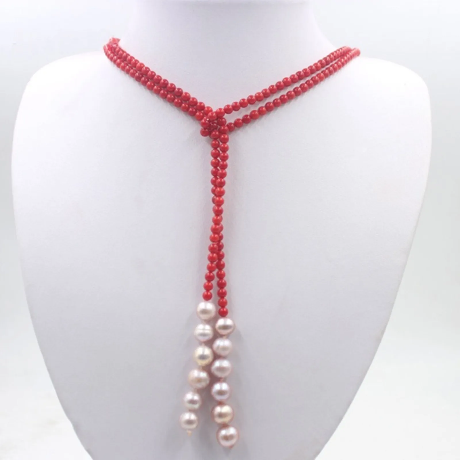 

Hand knotted necklace natural 4mm red coral sweater chain 8-9mm nearly round pearl for women fashion jewelry 50inch