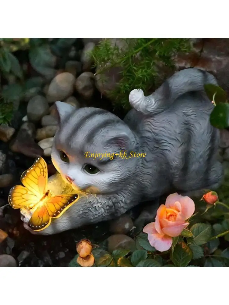 

Q1JB Led Solar Light Resin for Cat for Butterfly Statue Waterproof Animal Sculpture for Outdoor Garden Yard Decor Landscape Lamp