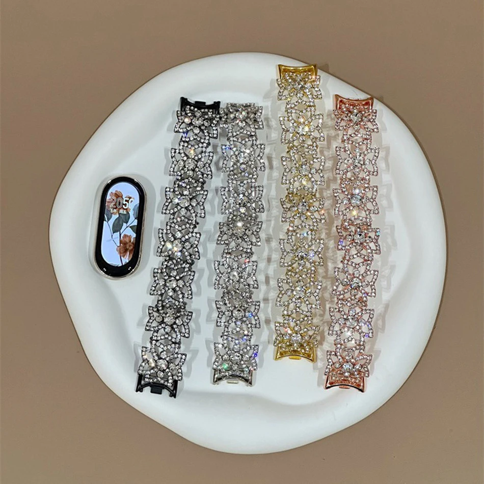 Strap For Xiaomi Mi Band 9 8 7 Pro Miband 5/6/3/4 Luxury Diamond Flower Bracelet Fashion Glitter Elastic Chain Metal Watch Band