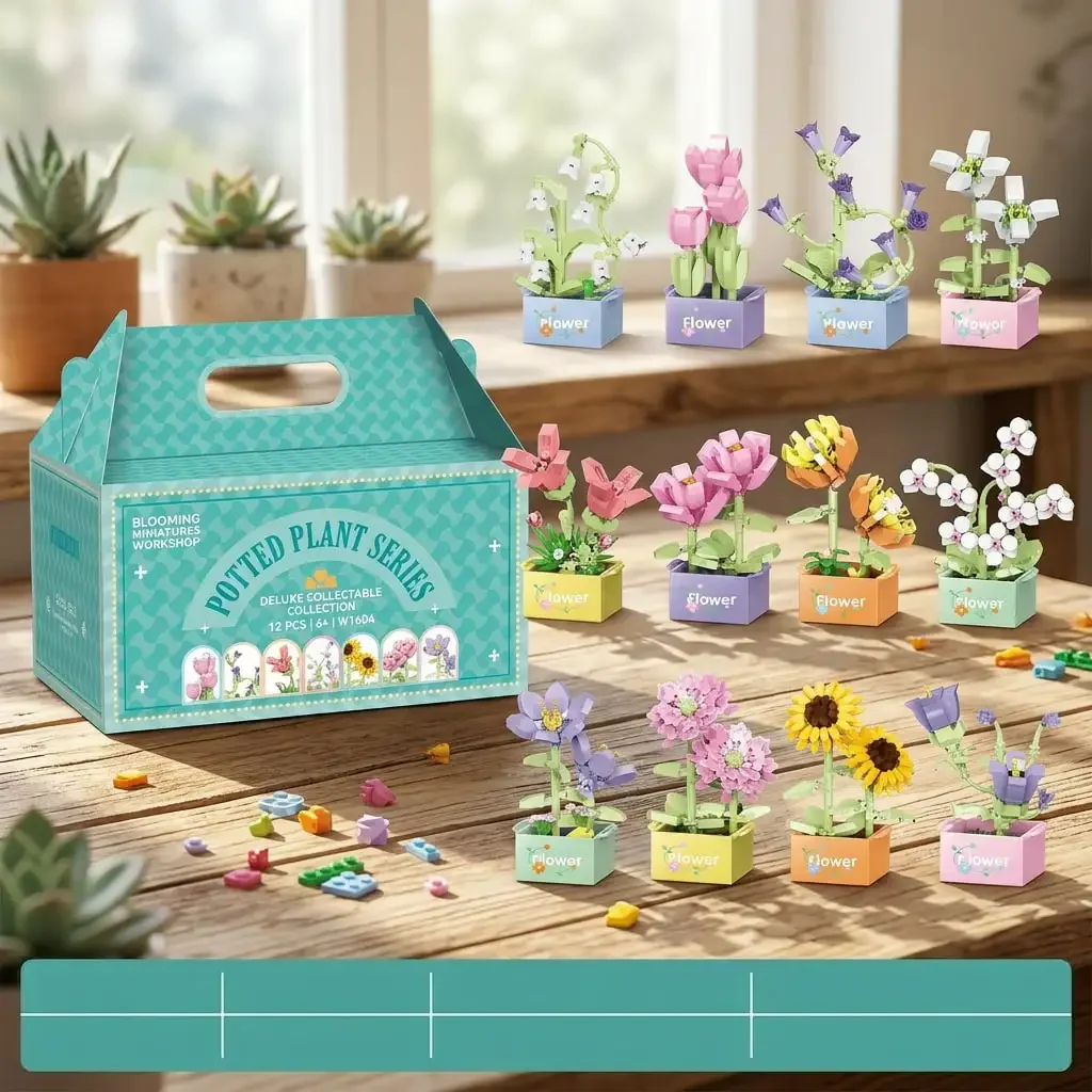 12 Square Flower Pots with Building Blocks Set, 1851 Pieces, Desktop Decoration, Multi-Color, Home Decor, Individually Packaged, Gift for Friends, Boyfriend and Girlfriend, Valentine's Day Gift, Mother's Day Gift, Suitable for Birthdays, Halloween, Thanksgiving, Christmas.