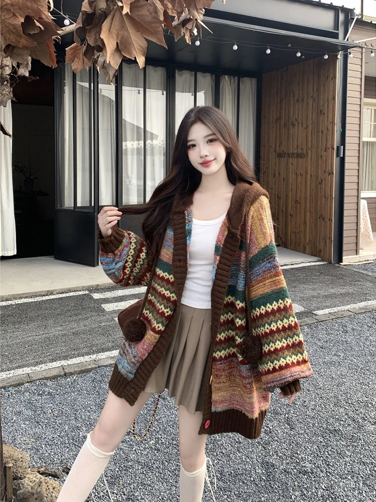 Sudadera con capucha a rayas de Color Retro de talla grande 300 Pou Jaet, prendas de vestir exteriores de otoño e invierno para mujer, suéter tejido de poliéster suave