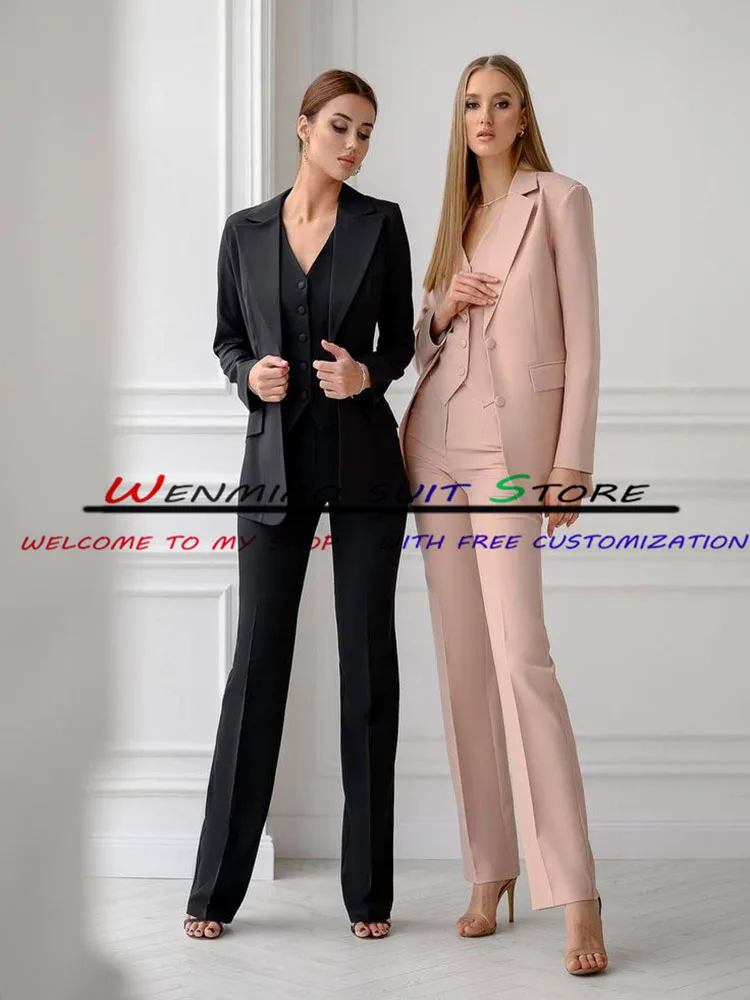 Three-Piece Formal Suit for Women, Pink Blazer, Pants Vest, Tuxedo, Point Lapel, Lady Dress Jacket, Party Fashion