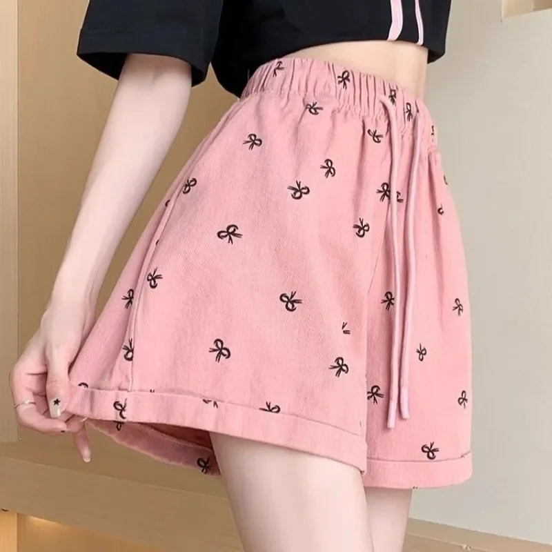 Elastic Waist Women's Shorts Pink Wide Female Short Pants High Cotton Korean Style Aesthetic 2000s Clothes Y2k Harajuku XL Comfy