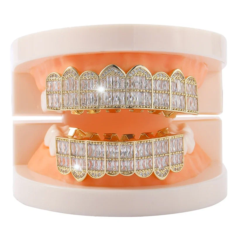 Iced Out Diamond Teeth Grills for Men Women, Hip Hop Silver Gold Grills for Your Teeth Top and Bottom, Rapper Costume Teeth