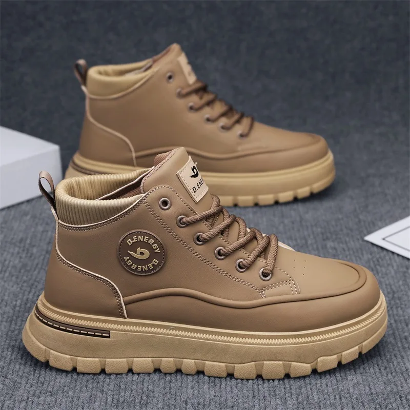 Men's Autumn Winter High-Top Thick-Soled Ankle Boots Trendy Outdoor Workwear Leather Casual Sports Shoes
