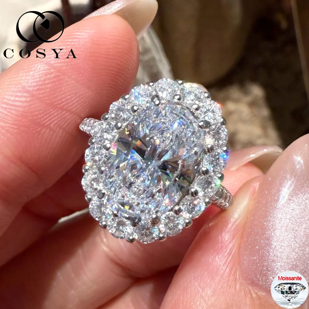 

COSYA 4,5 карата овальной огранки с муассанитом и бриллиантом для женщин, стерлинговое серебро S925, свадебное кольцо с ореолом, ювелирные изделия, сверкающие подарки для девочек