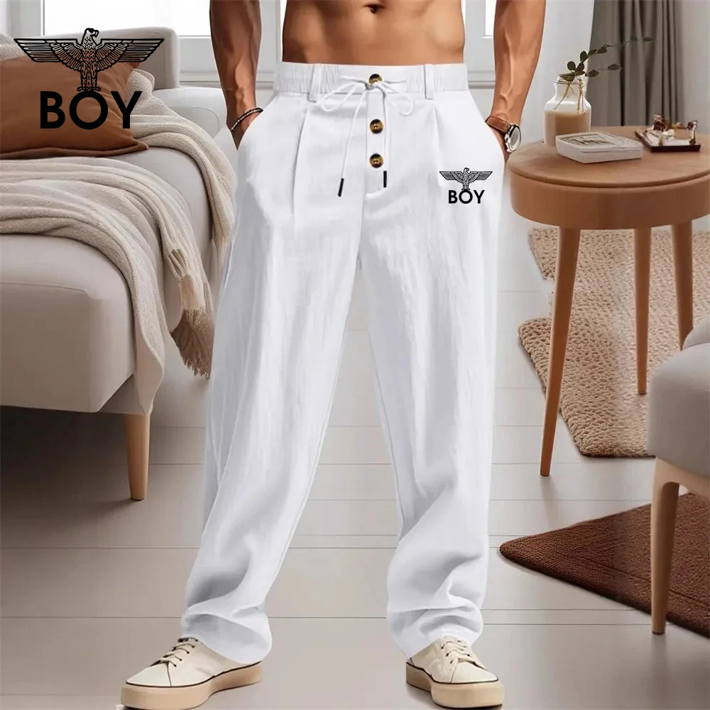 BOY Eagle Print Men's Casual Breathable Cotton-Linen Pants - Fashionable Streetwear Loose-Fitting Straight-Tailored Beach Outdoo