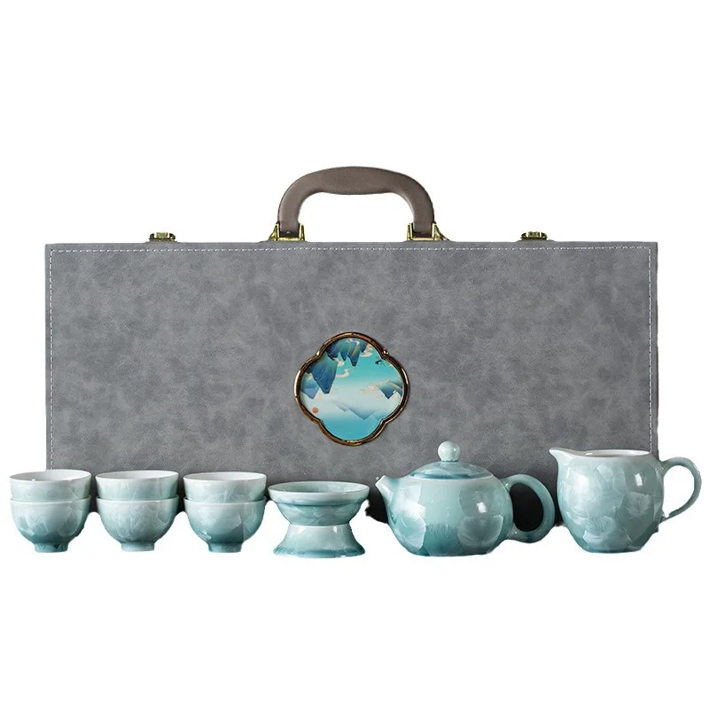 Crystal Glaze Ice Flower Jade Porcelain Kung Fu Tea Set Cover Bowl Teapot Tea Set Light Luxury Business Gifts