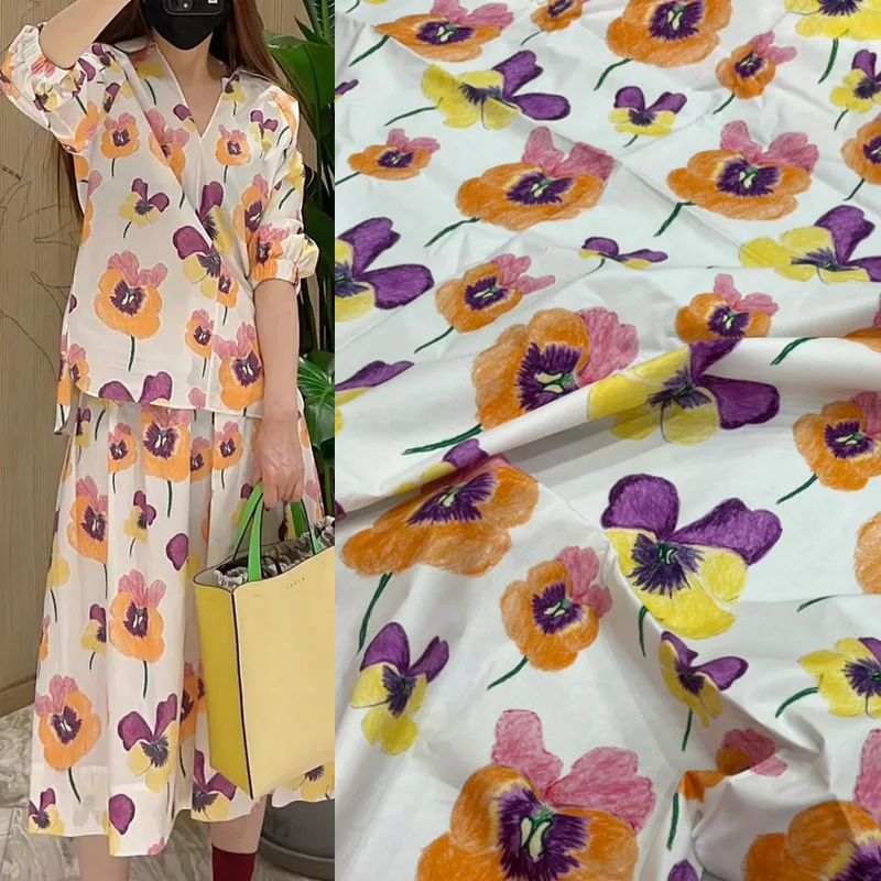 Fashion Hand Drawn Doodle Flowers Printed Cotton Or Chiffon Fabric For Women Dress Blouse Stoffa Tuch Ткань Tela Tessuto DIY