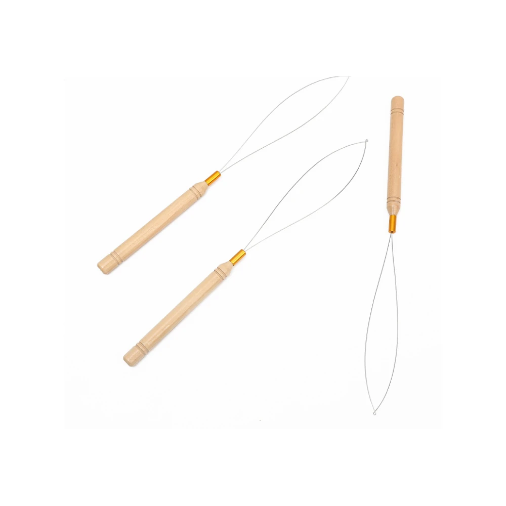 Professional Wooden Handle Hair Extension Tool Loop Threader Pulling Needle Plier and Beads Rings Loop Tool