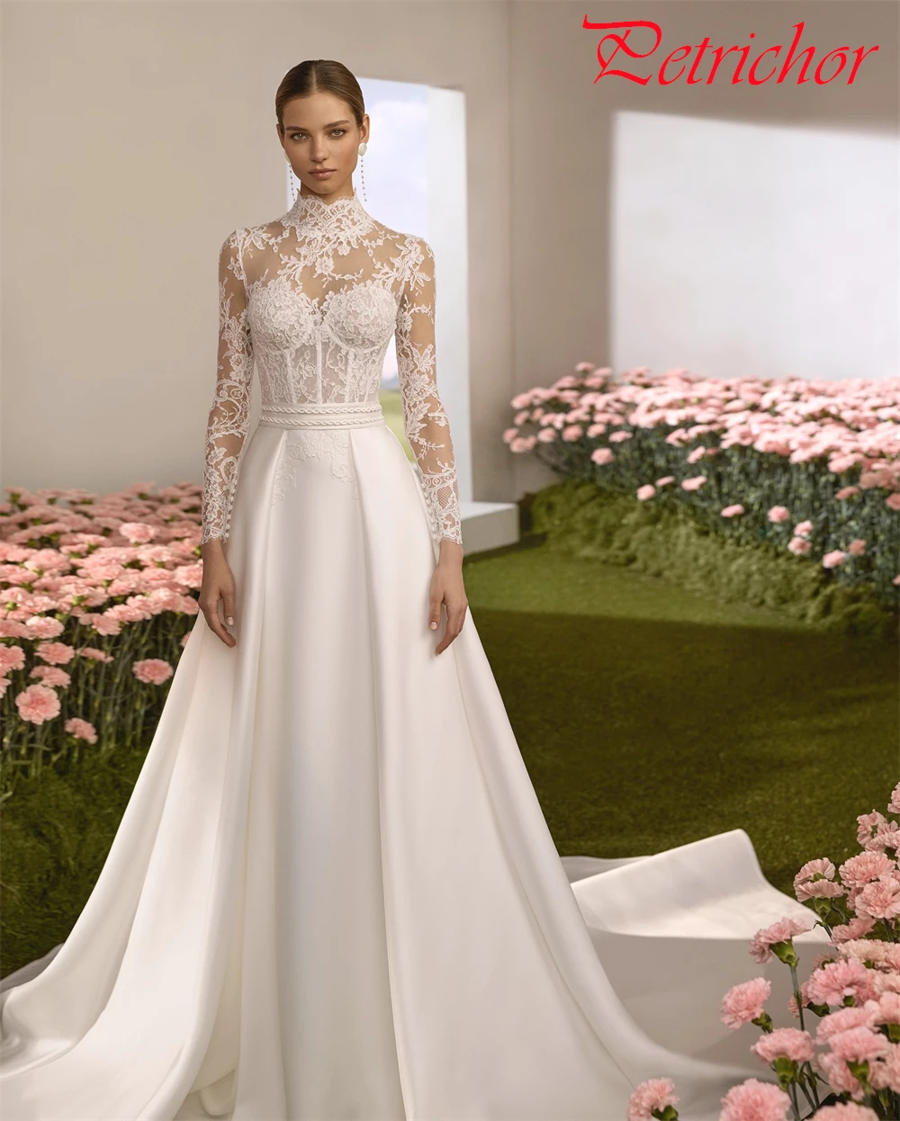 فستان زفاف من الساتان الأبيض حالم مخصص أنيق برقبة دائرية وأكمام طويلة زي العرائس بوهو على شكل حرف a ذيل محكمة فيستدو دي نوفيا