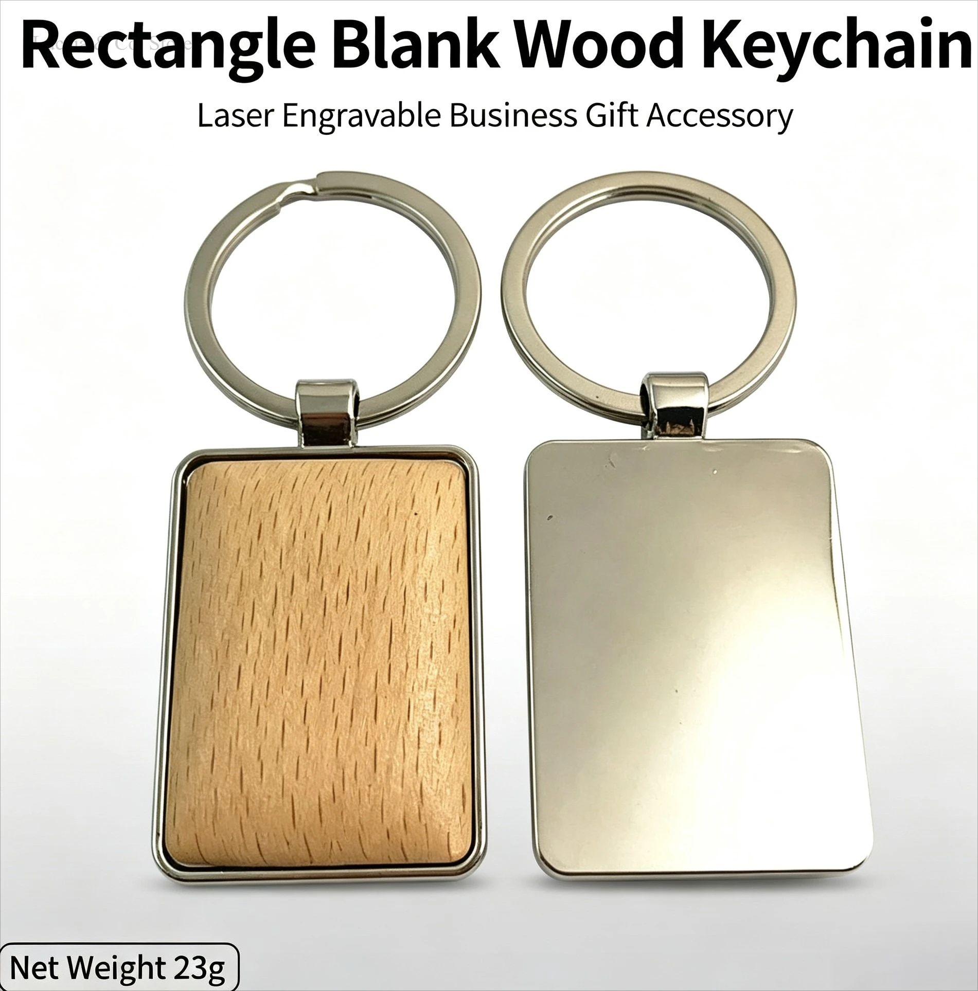Rectangular Blank Beech Wood Alloy Metal Key Ring Keychain Pendant Charm Custom Laser Engravable Business Gift