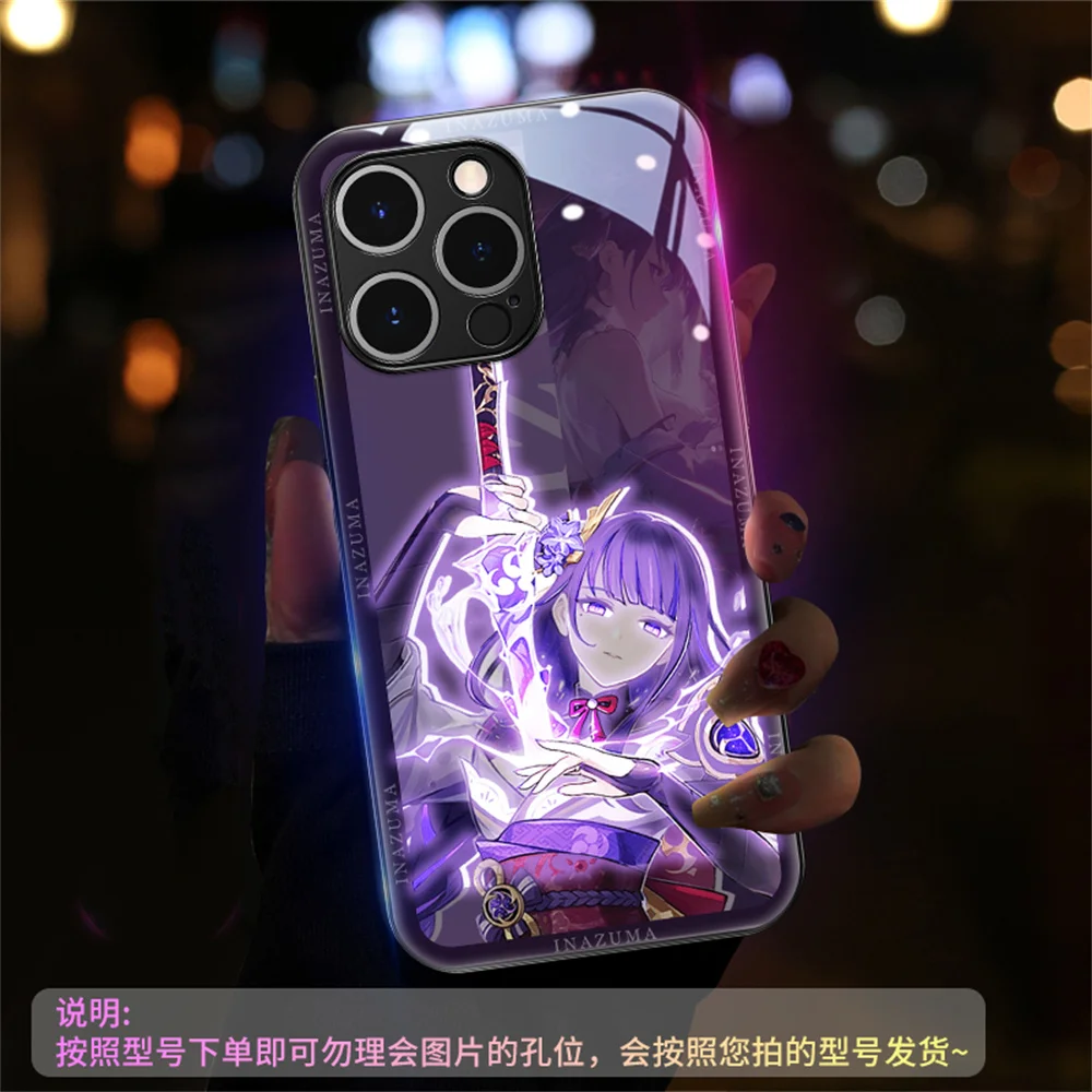 Genshin Game Role Design Led Light Phone Case Call Flash Glitter Cover For iPhone Air 17 16 15 14 13 12 11 Pro Max Plus
