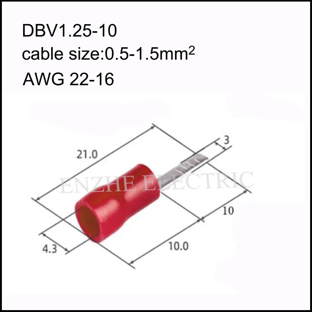 

1000 шт., DBV1.25-10, строительный терминал 19A, размер кабеля 0,5-1, 5 мм2, AWG22 ~ 16, медный штифт