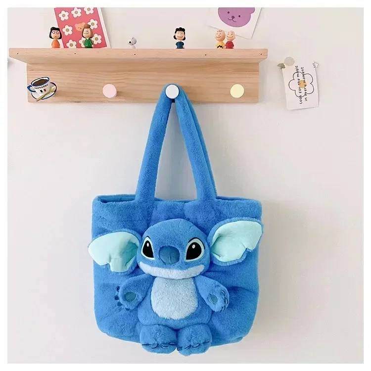 MINISO 2024 New Cartoon Plush Doll Shoulder Bag Sweet and Cute Stitch Strawberry Bear Soft Cute Girls Handbag