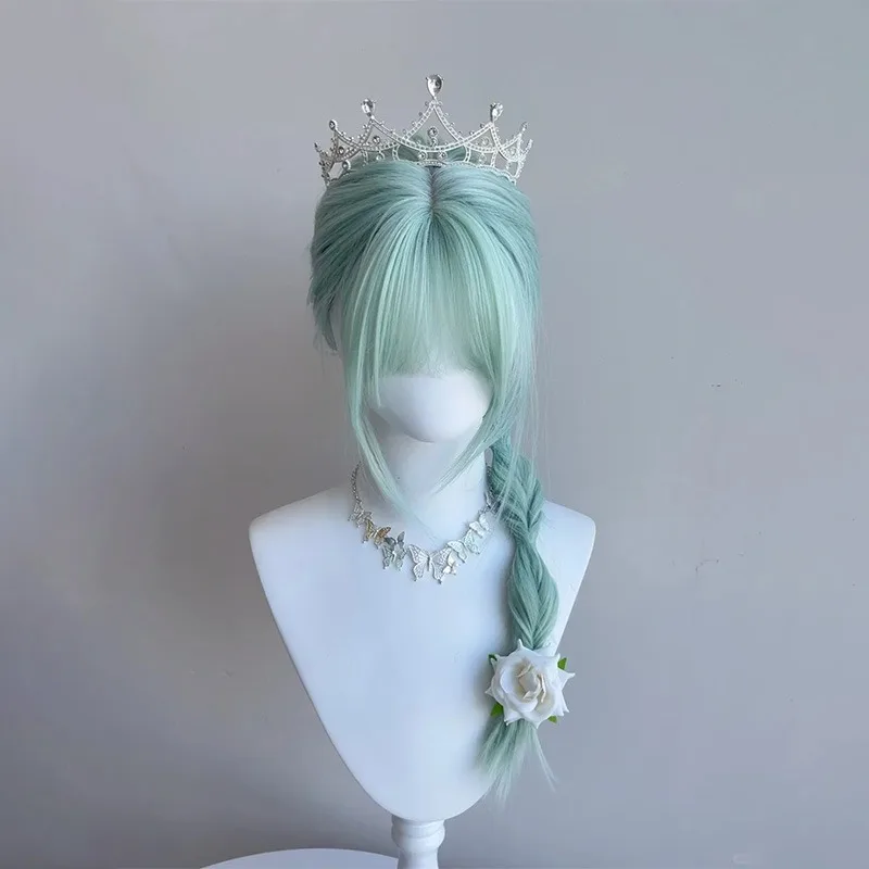 Hortelã verde peruca feminina divisão octogonal franja longo cabelo reto simulação natural peruca diária festa lolita cosplay peruca
