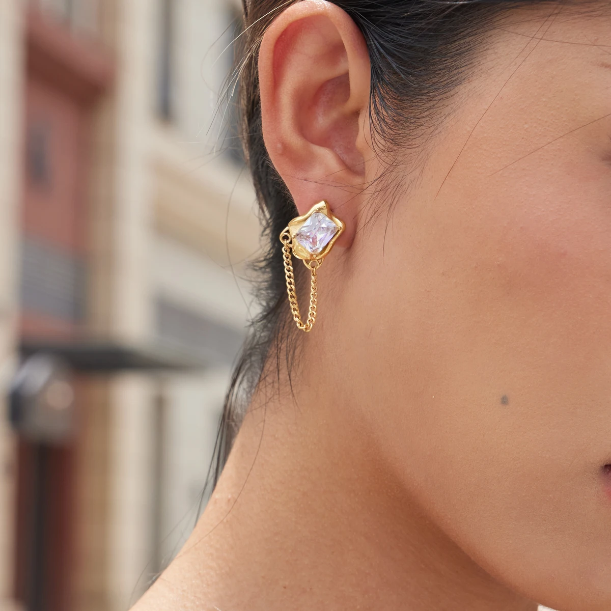 Yori White Zircon Hammered Irregular Chain Earrings Minimalist Metal Fashion Pvd Gold Color Jewelry Women