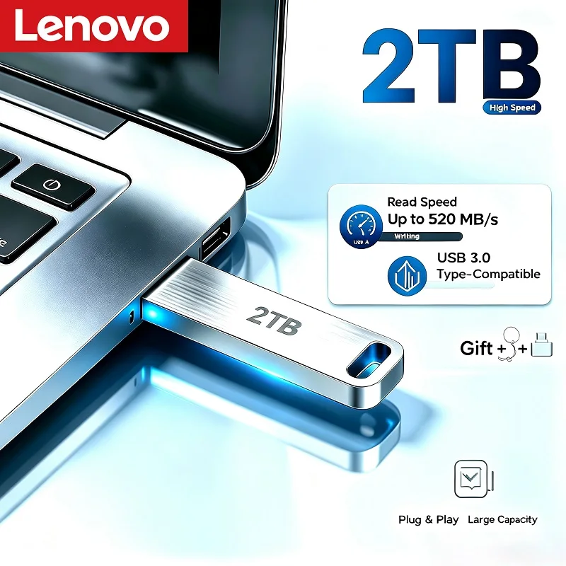 Adaptador USB de Metal Lenovo, Pen Drive USB 3.0 128GB 256GB 512GB, Mini Pen Drive de Metal de Alta Velocidade 1TB 2TB, Novo