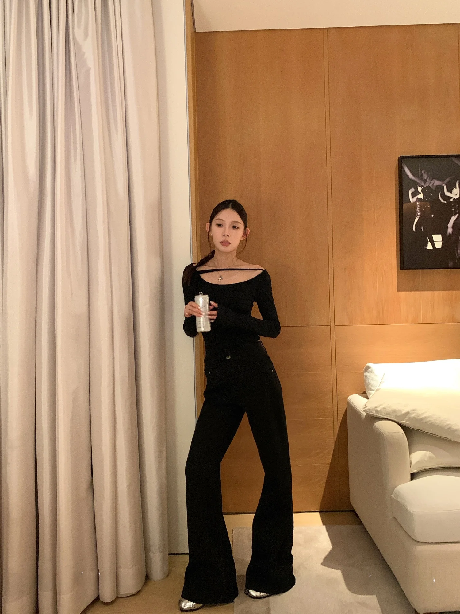 

Bla Low Waist Slimming Fce Lined Denim Jeans Women's Winter Casual Pants Micro Flared Cotton Stretchy Ladies Jeans