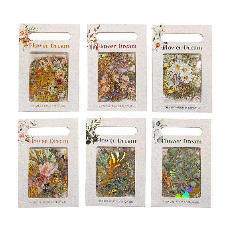 40 pcs Bronzing plant Flowers leafage PET Sticker Decorative collage Diary Album Scrapbooking material Junk Journal Supplies