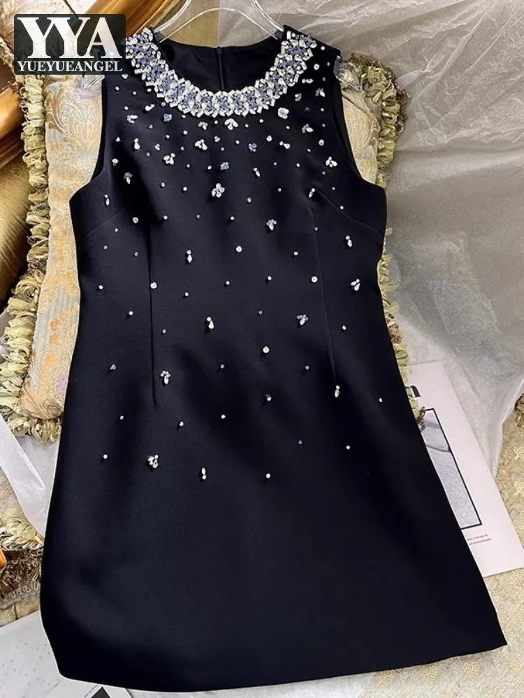 

Summer French Style Elegant Women Tank Dress Fashion O-Neck Diamonds Sleeveless A-Line Dress Office Ladies Black Short Dresses