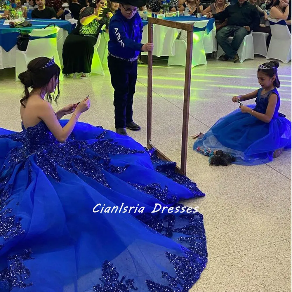 Azul real querida babados mexicano quinceanera vestido de baile sem mangas apliques lantejoulas corset vestidos de xv anos