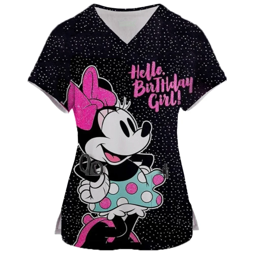 

Новинка 2026, медицинская униформа медсестры с принтом Минни Маус, рабочая одежда с v-образным вырезом и короткими рукавами, карманами, топ, скрабы, медицинские аксессуары, униформа