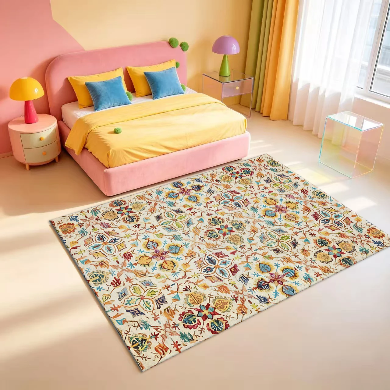 Bohemian Geometric Floral Area Rug Bright Multicolor Ethnic Style Printed Carpet for Indoor Home