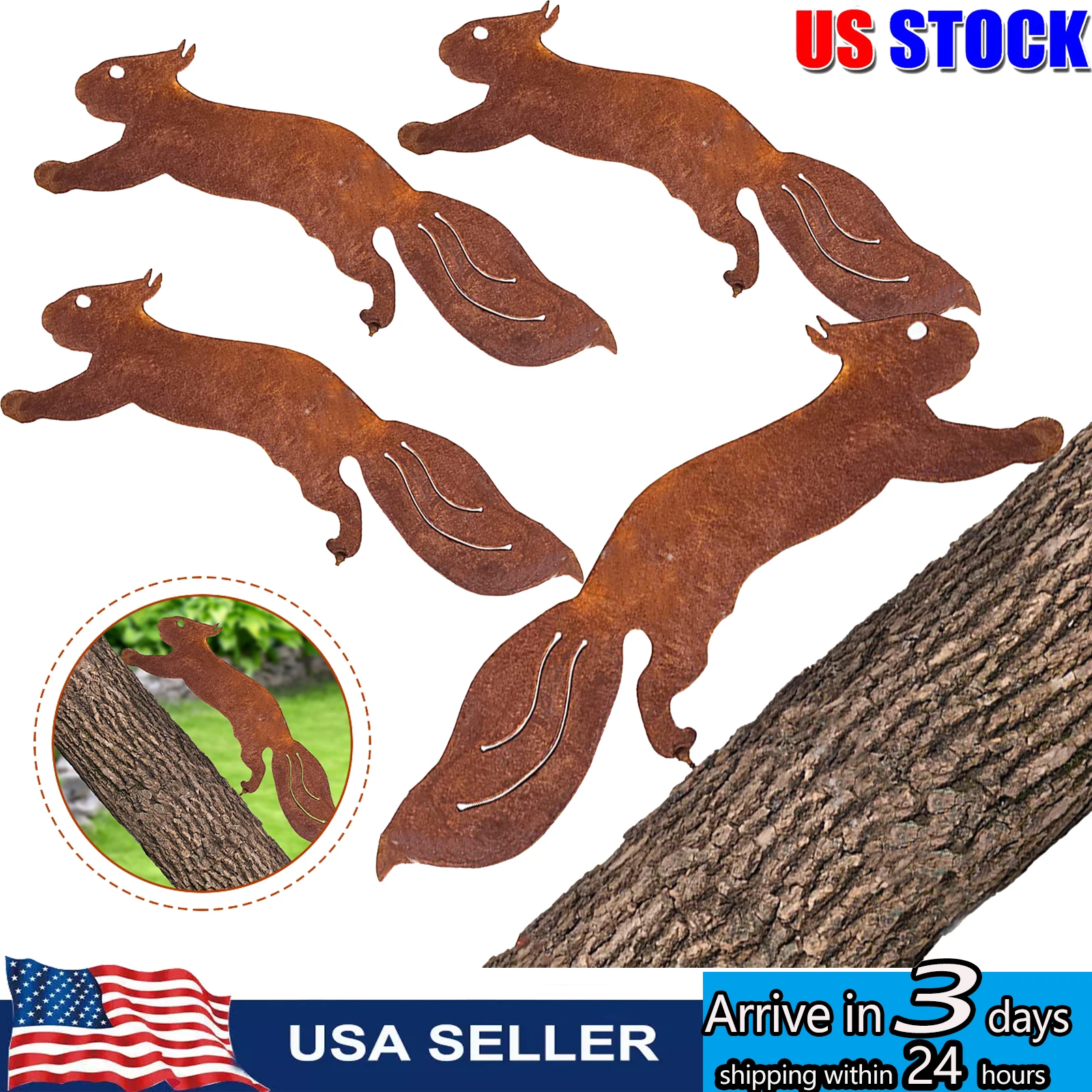 

Rusty Running Squirrel Decor to Screw in Wood,Metal Art Ornament Exquisite Animal Sculpture Tree Stake Decoration for Home Garde