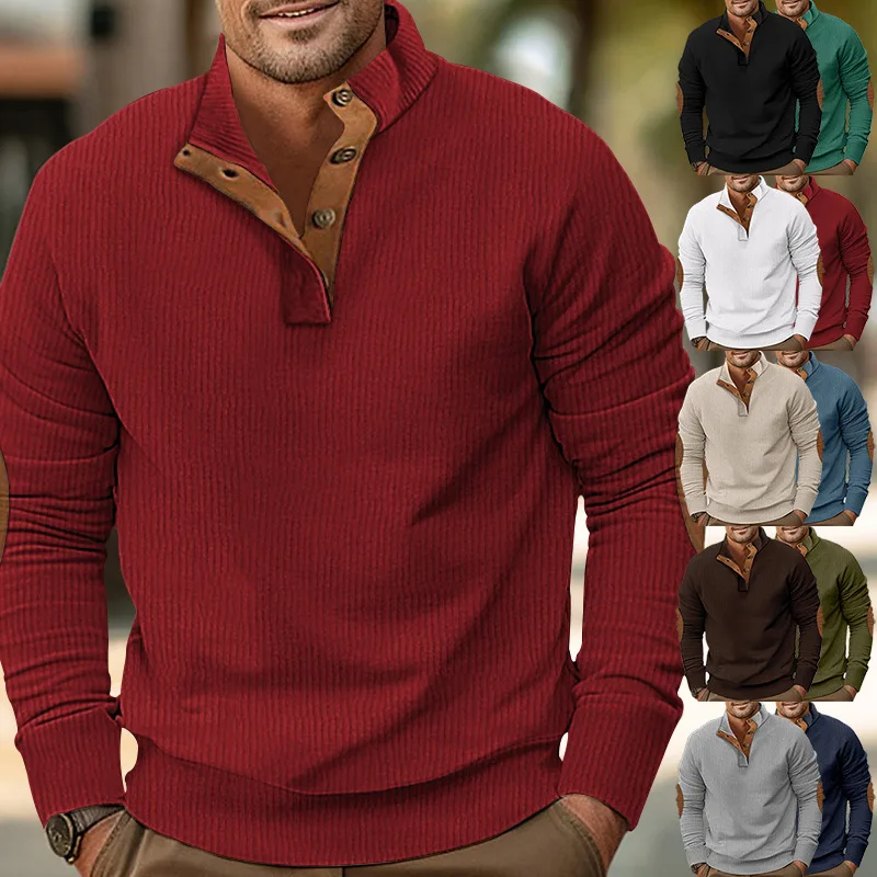 Men's Spring Autumn new casual stand collar long sleeve button pit corduroy matching color slim-fit hoodie men clothing