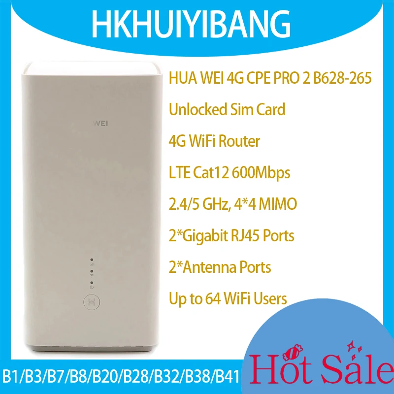 

Unlocked HUA WEI 4G CPE Pro 2 B628-265 Dual Band WiFi Router LTE Cat12 600Mbps 64 Devices 2*LAN 1*WAN Gigabit Wireless Sim Modem