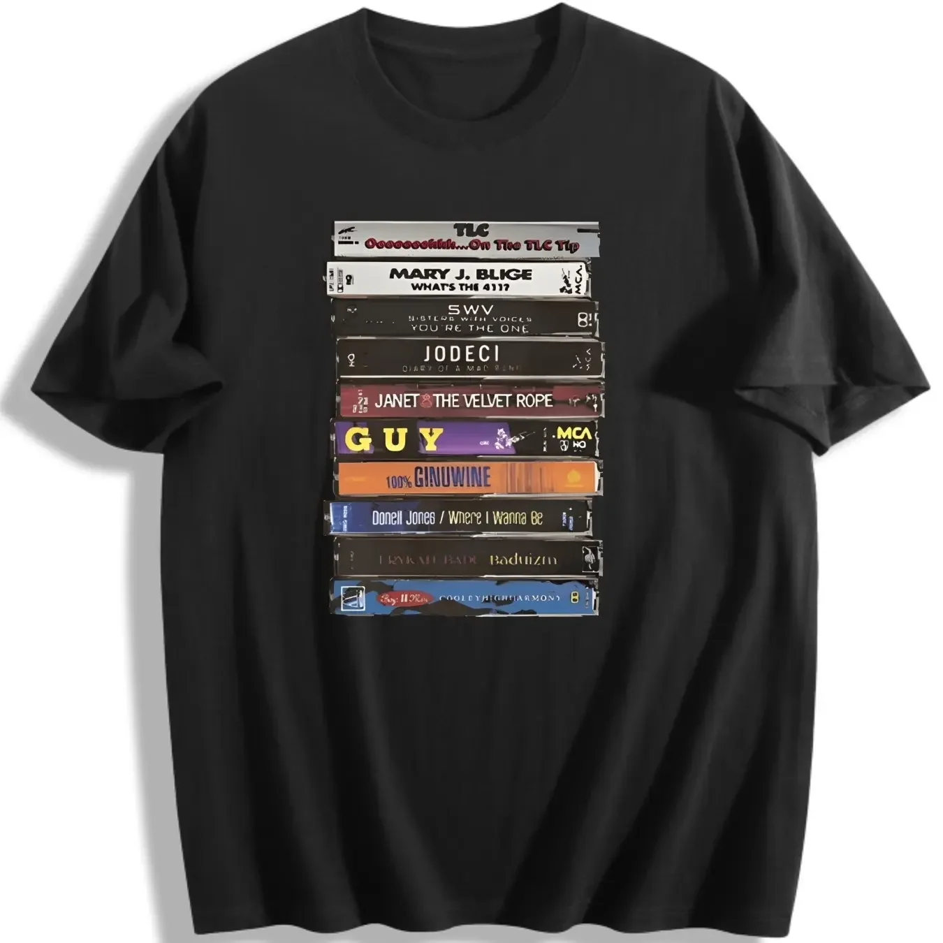 Vintage 90s R&B Cassette Tape Graphic Tee - Casual Trendy, Vintage T Shirts, Trendy Graphic Shirts for Men - Jodeci, Boyz II Men, TLC, Ginuwine, Guy, SWV - Nostalgic Sports Top Streetwear, Baggy, Oversized, Loose