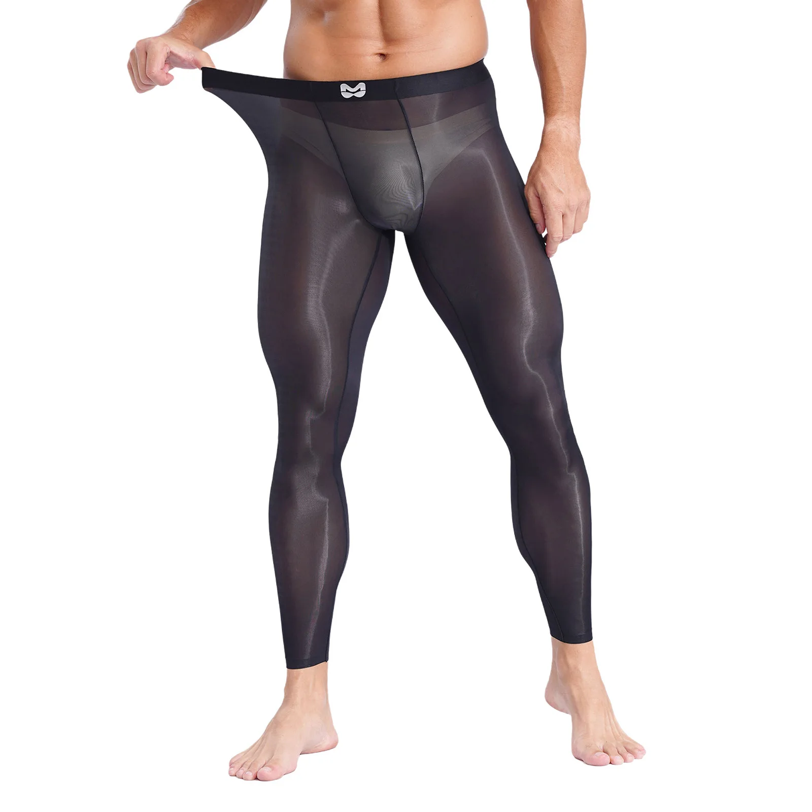 Mens Stretchy Ultra-Thin Leggings Ice Silky Yoga Fitness Leggings Bulge Pouch Tights See Through Pants for Gym Sports Workout