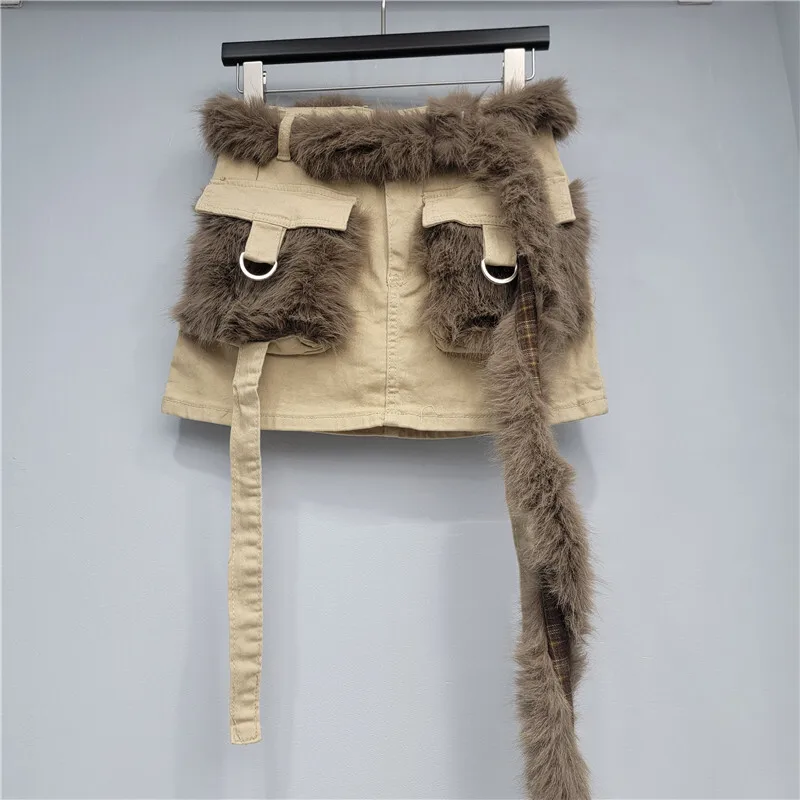 WTHT 2025 Winter Mode Nieuwe vrouwen Gesplitst Pluche Lint Cargo Denim Rokken Hoge Taille Wrap Hip Mini Rok Vrouwelijke 1LS 2760