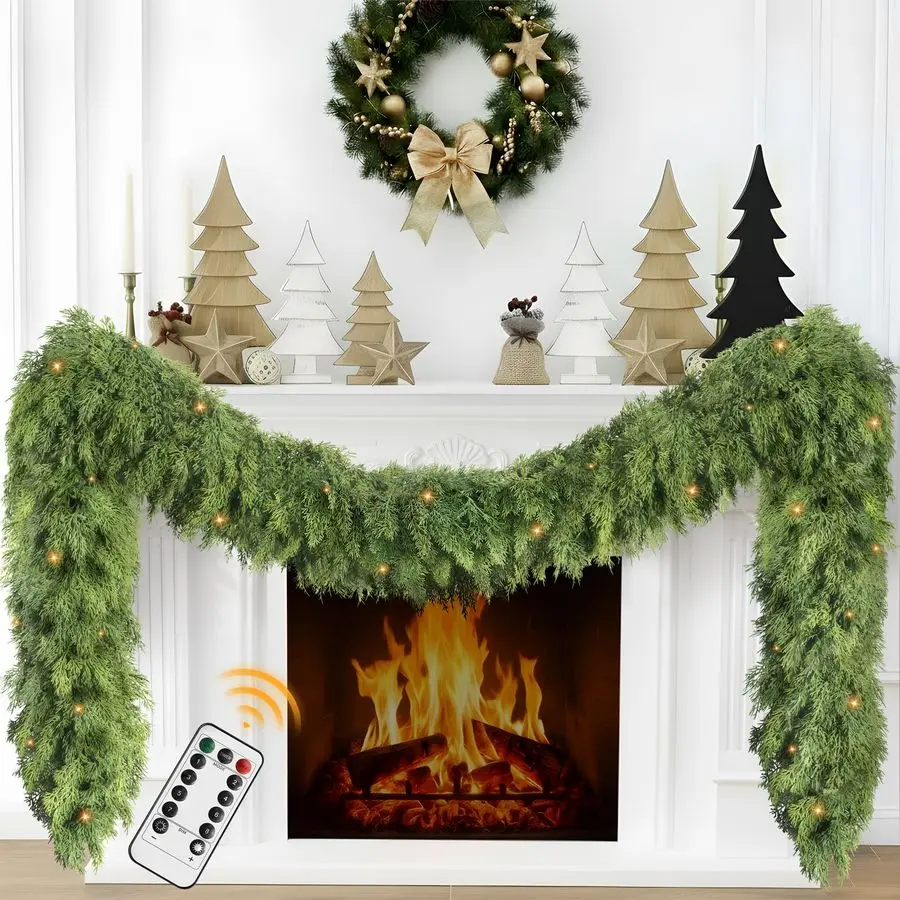 

Ft Cedar Christmas Garland with Lights for Mantle Realistic Real Touch Faux Artificial Pine Garlands for Outdoor Stairs Railing